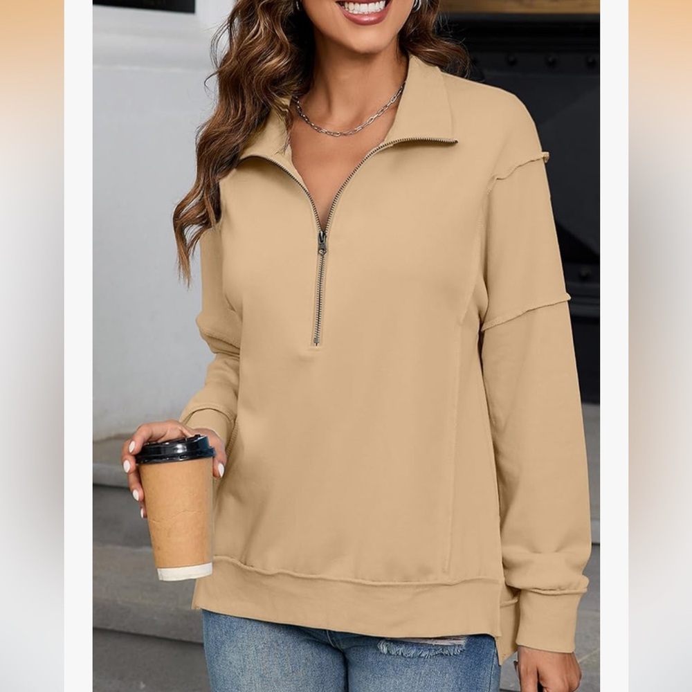 Women's Tan Oversized Quarter-Zip Pullover